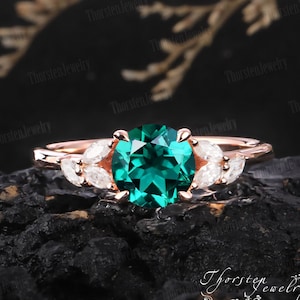 Vintage Emerald Engagement Ring | Unique Rose Gold Wedding Ring | Round Cut Emerald Cluster Ring | Diamond Anniversary Gift | Promise Ring