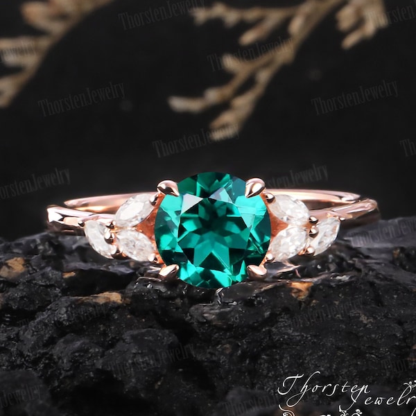 Vintage Emerald Engagement Ring | Unique Rose Gold Wedding Ring | Round Cut Emerald Cluster Ring | Diamond Anniversary Gift |  Promise Ring