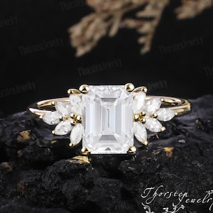Unique Emerald cut Moissanite Engagement Ring Vintage Yellow gold cluster Engagement Ring marquise diamond wedding bridal Anniversary Gift