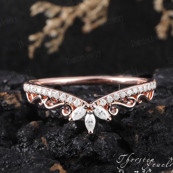 Natural Diamond Wedding Ring Rose Gold Marquise Bridal Band Moissanite wedding Band Stacking Band Promise Ring Handmade Jewelry Gifts