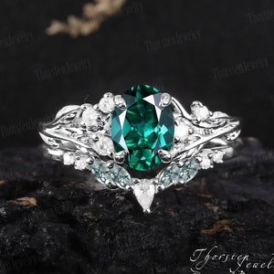 Unique Oval Emerald Engagement Ring Sets 14k White Gold Promise Ring Bridal Sets Nature Inspired Leaf Moss Agate Ring Anniversary Gifts