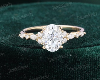 Vintage Moissanite Engagement Ring | Unique Solid 14K Gold Wedding Ring | Oval Cut Cluster Ring | Diamond Promise Ring | Anniversary Gift