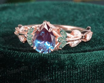 Vintage Alexandrite Engagement Ring Antique Rose Gold Cluster Ring Marquise Cut Diamond Wedding Ring Art Deco Anniversary Promise Ring Women