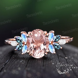 Vintage Pink Morganite Engagement Ring 14k Rose gold Oval Bridal Wedding Ring Promise Ring Cluster Ring Anniversary Gifts For Women