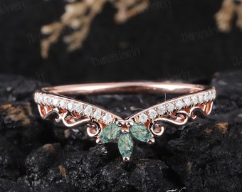 Marquise Natural Moss Agate Wedding Ring Rose Gold Natural Diamond Moissanite wedding Band Stacking Band Promise Ring Handmade Jewelry Gifts