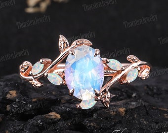 Art Deco Ring Ovale Maansteen Verlovingsring Roségouden Bruidsring Vintage Leaf Promise Ring Natuurlijke Edelsteen Ring Handgemaakte Sieraden Geschenken