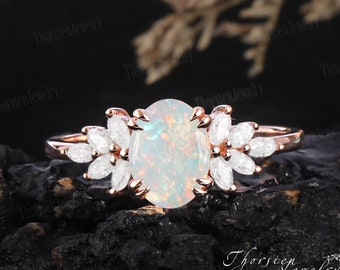 Vintage Oval Natural Opal Promise Ring Engagement Ring14k 18k Solid Rose gold Marquise diamond Wedding Bridal Ring Anniversary Gifts