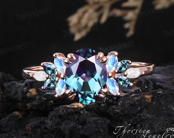 Oval Alexandrite Engagement Ring 14k Rose gold Bridal Ring Promise Ring Color Changing Stone Cluster Ring Anniversary Gifts For Women