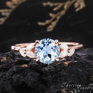 Vintage Aquamarine Engagement Ring | Unique Rose Gold Wedding Ring | Round Cut Cluster Ring | Diamond Anniversary Gift |  Promise ring