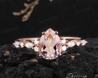 Bague de fiançailles en morganite naturelle vintage | Bague de mariage unique en or rose | Bague grappe taille poire | Bague de promesse en diamant | Cadeau d'anniversaire