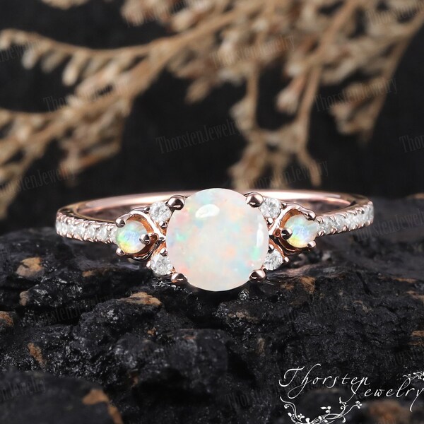 Unique Natural Opal Engagement Ring Rose gold Bridal Sets Promise Ring Vintage Diamond Art Deco Ring Cluster Ring Handmade Jewelry Gifts