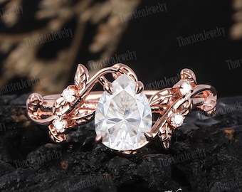 Vintage Pear Moissanite Engagement Ring 14K 18K Rose Gold Promise Ring Leaf Ring Diamond Bridal Wedding Ring Anniversary Gifts For Women