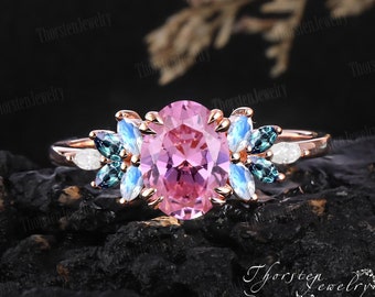 Vintage Pink Sapphire Oval Engagement Ring 14k Rose gold Bridal Wedding Ring Unique Promise Ring Cluster Ring Anniversary Gifts For Women