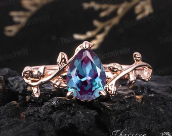 Pear Shaped Alexandrite Engagement Ring Art Deco Rose Gold Nature Inspired Ring Jun Birthstone Leaf Wedding Bridal Unique Anniversary Ring