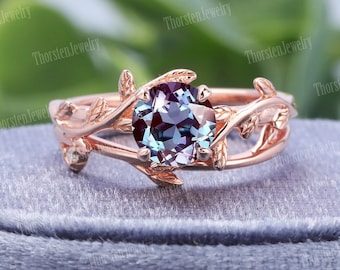 Alexandrite Engagement Ring Set | Art Deco Ring | Rose Gold Ring For Women | Leaf Wedding Bridal Ring| Unique Anniversary Promise Ring