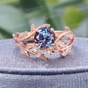 Alexandrite Engagement Ring Set | Art Deco Ring | White Gold Leaf Ring For Women | Wedding Bridal Ring| Unique Anniversary Promise Ring