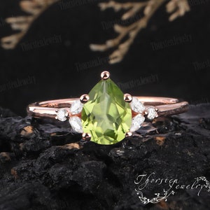 Pear Peridot Engagement Ring 14K 18K Rose Gold Promise Ring Vintage Wedding Ring Art Deco Ring Cluster Ring Anniversary Ring For Women