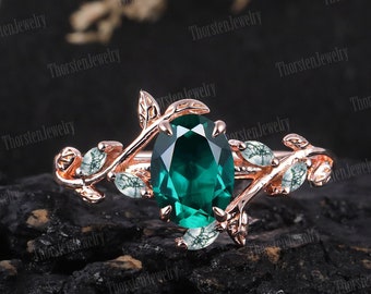 Art Deco Ring Oval Emerald Engagement Ring Rose gold Bridal Ring Vintage Leaf Promise Ring Nature Inspired Cluster Ring Women Jewelry