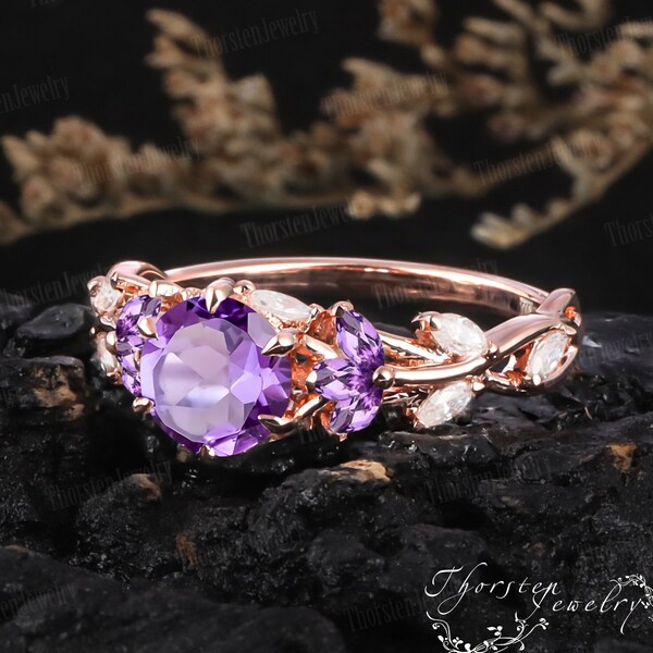 Vintage Amethyst Engagement Ring Antique Rose Gold Cluster Ring Marquise Cut Diamond Wedding Ring Art Deco Anniversary Promise Ring Women