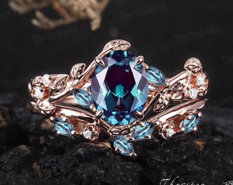 Vintage Oval Alexandrite Engagement Ring Sets 14k Solid Rose gold Bridal Sets Leaf Promise Ring Color Changing Stone Ring Anniversary Gifts