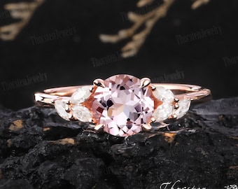 Vintage Morganite Engagement Ring | Unique Rose Gold Wedding Ring | Round Cut Cluster Ring | Diamond Anniversary Gift | Promise ring