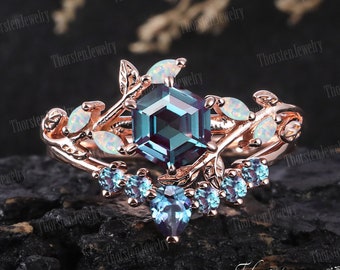 Art Deco Ring Hexagon Cut Alexandrite Engagement Ring Rose gold Bridal Sets Leaf Promise Ring Nature Inspired Cluster Ring Women Jewelry