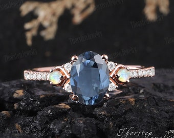 Unique Oval Natural London Blue Topaz Engagement Ring Rose Gold Bridal Ring Promise Ring Art Deco Ring Cluster Ring Handmade Jewelry Gifts