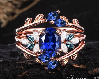 Unique Oval Sapphire Engagement Ring Sets 14k Rose gold Bridal Wedding Sets Ring Vintage Promise Cluster Ring Anniversary Gifts For Women