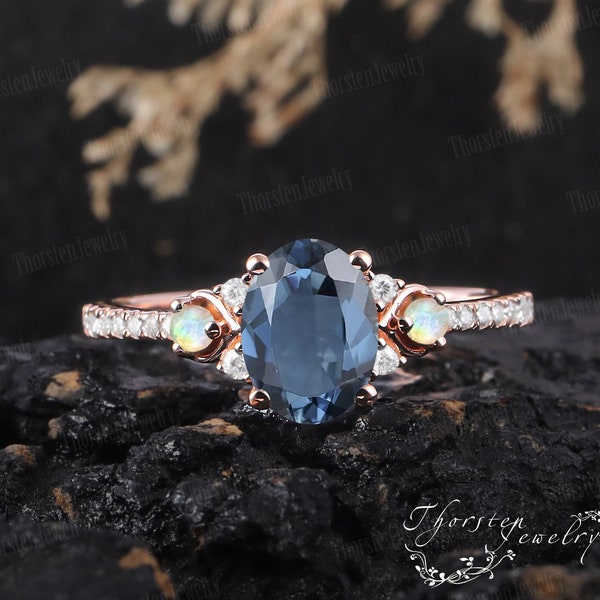 Unique Oval Natural London Blue Topaz Engagement Ring Rose Gold Bridal Ring Promise Ring Art Deco Ring Cluster Ring Handmade Jewelry Gifts