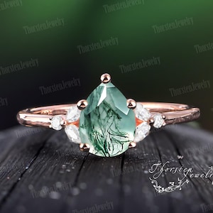 Pear Moss Agate Engagement Ring 14K 18K Rose Gold Promise Ring Vintage Wedding Ring Art Deco Ring Green Gemstone Anniversary Ring For Women
