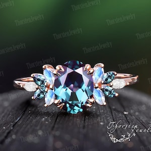 Oval Alexandrite Engagement Ring 14k Rose gold Bridal Ring Promise Ring Color Changing Stone Cluster Ring Anniversary Gifts For Women