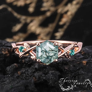 Hexagon Cut Moss Agate Engagement Ring 14K 18K Rose Gold Promise Ring Vintage Emerald Art Deco Ring Leaf Ring Anniversary Gifts For Women