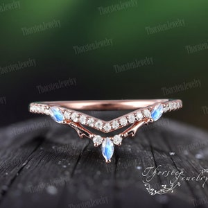 Vintage Marquise Natural Moonstone Wedding Ring Rose Gold Wedding Band Stacking Band Natural Gemstone Promise Ring Handmade Jewelry Gifts