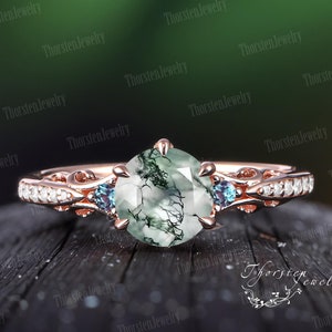 Natural Moss Agate Engagement Ring Rose Gold Promise Ring Vintage Green Gemstone Nature Inspired Art Deco Ring Handmade Jewelry Gifts