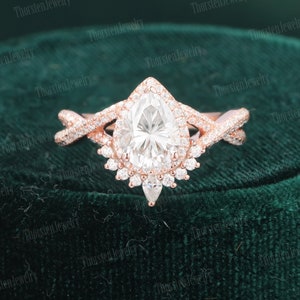 Vintage Halo Moissanite Engagement Ring Vintage Rose gold cluster Pear shaped Engagement Ring  diamond wedding bridal women Anniversary Gift