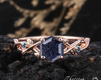 Hexagon Cut Blue Sandstone Engagement Ring 14K Rose Gold Promise Ring Vintage Alexandrite Art Deco Leaf Ring Anniversary Gifts For Women