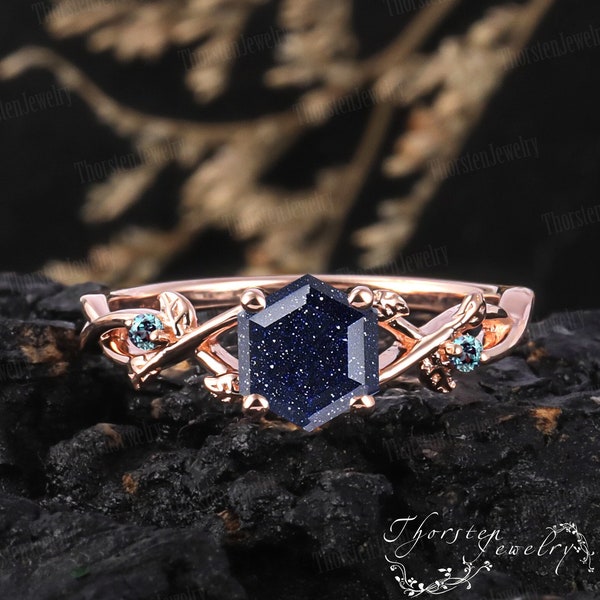 Hexagon Cut Blue Sandstone Engagement Ring 14K Rose Gold Promise Ring Vintage Alexandrite Art Deco Leaf Ring Anniversary Gifts For Women