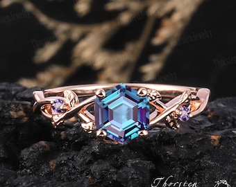 Hexagon Cut Alexandrite Engagement Ring 14K Rose Gold Promise Ring Vintage Amethyst Art Deco Ring Leaf Ring Anniversary Gifts For Women