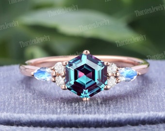 Hexagon Cut Alexandrite Engagement Ring 14K Rose Gold Promise Ring Vintage Moonstone Art Deco Ring Cluster Ring Anniversary Gifts For Women