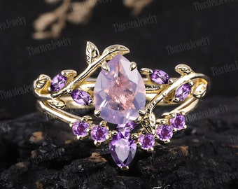 Art Deco Ring Pear Lavender Amethyst Engagement Ring Sets Yellow gold Bridal Sets Vintage Leaf Promise Ring Cluster Ring Women Jewelry Gifts