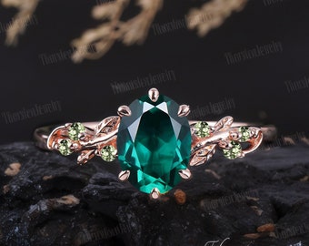 Oval Emerald Engagement Ring Rose Gold Bridal Ring Vintage Leaf Branch Ring Green Gemstone Promise Cluster Ring Handmade Jewelry Gifts