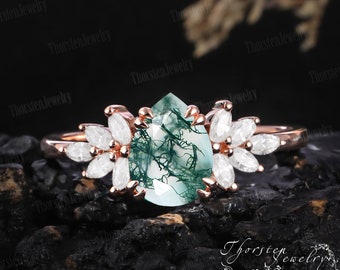 Vintage peervormige Moss Agate Promise Ring Engagement Ring14k 18k Solid Rose gold Marquise diamant Bruiloft Bruidsring Verjaardagscadeaus