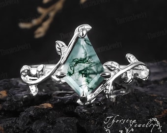 Kite Cut Moss Agate Engagement Ring Art Deco Ring White Gold Nature Inspired Ring Leaf May Birthstone Wedding Bridal Unique Anniversary Ring