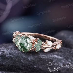 Vintage Moss Agate Engagement Ring Antique Rose Gold Cluster Ring Marquise Cut Diamond Wedding Ring Art Deco Anniversary Promise Ring Women