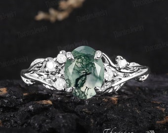 Natural Oval Moss Agate Engagement Ring 14k White Gold Unique Promise Ring Bridal Ring Nature Inspired Leaf Ring Anniversary Gifts For Women