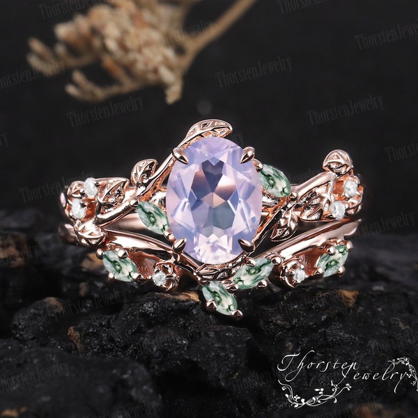 Oval Lavender Amethyst Engagement Ring Sets 14k Rose gold Bridal Sets Vintage Leaf Promise Ring Moss Agate Cluster Ring Anniversary Gifts