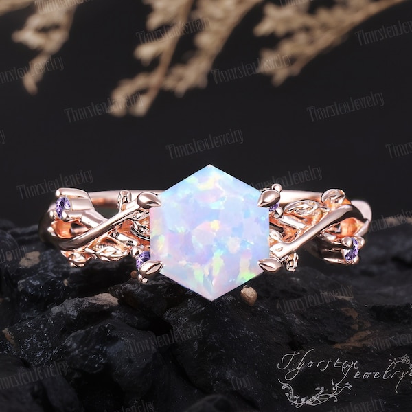 Hexagon Cut Opal Engagement Ring Rose Gold Promise Ring Vintage Oct Birthstone Art Deco Leaf Ring Wedding Ring Handmade Jewelry Gifts