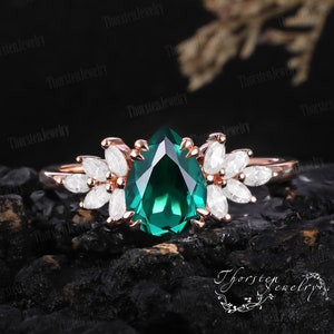 Vintage pear Shaped Emerald Promise Ring Engagement Ring14k 18k Solid Rose gold Marquise diamond Wedding Bridal Ring Anniversary Gifts