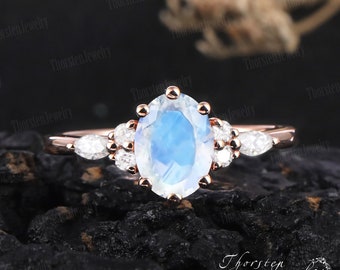 Oval Moonstone Engagement Ring 14K Rose Gold Promise Ring Vintage Wedding Ring Unique Art Deco Ring Anniversary Ring For Women Jewelry Gift