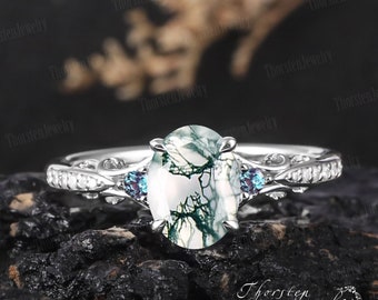 Anillo de compromiso de ágata de musgo natural ovalado vintage Anillo de promesa de oro blanco Piedra preciosa verde Anillo art déco inspirado en la naturaleza Regalos de joyería hechos a mano